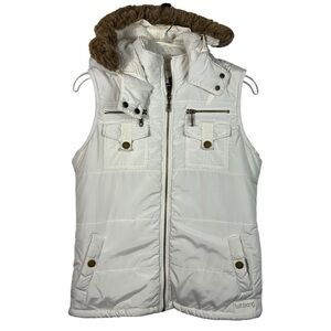 Vintage Y2K Billabong White Fur Trim Hood Cargo Pocket Quilted Puffer Vest Bella